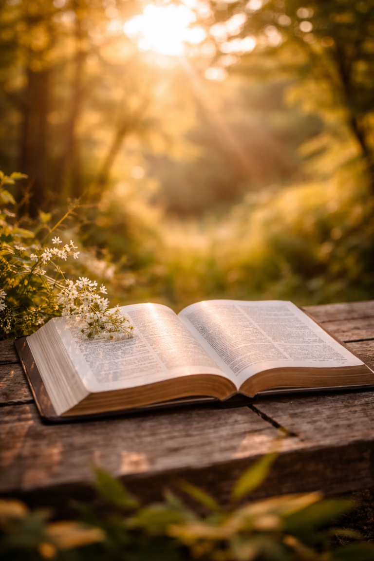An open Bible resting on a wooden table in a sunlit forest, symbolizing reflection, faith, and God’s Word.