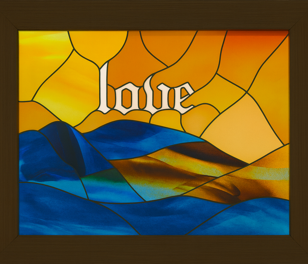 Love-themed stained glass window with warm colors and symbolic heart and light motifs