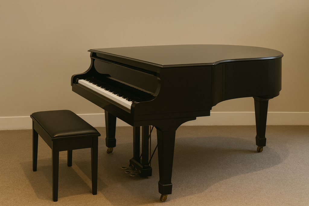 Black grand piano with bench set in a quiet room, prepared for worship music