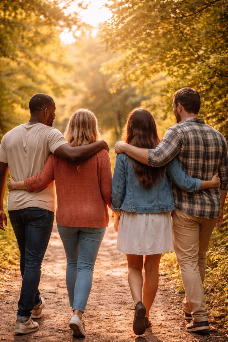 Four people walking together arm-in-arm along a sunlit forest path, symbolizing Christian community and fellowship.